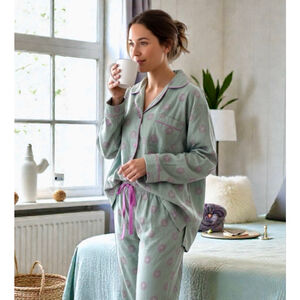 XL Noble Mount Green & Pink Ginko Circles Floral 100% Cotton Pajama Sleep PJ Set